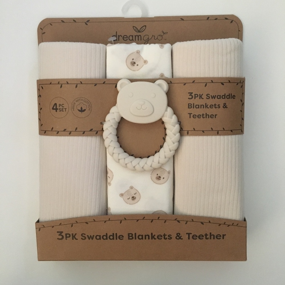 NEW 3 Baby Blankets & Teether Set Teddy Bears & Neutrals | DreamGro Apple + Ivy